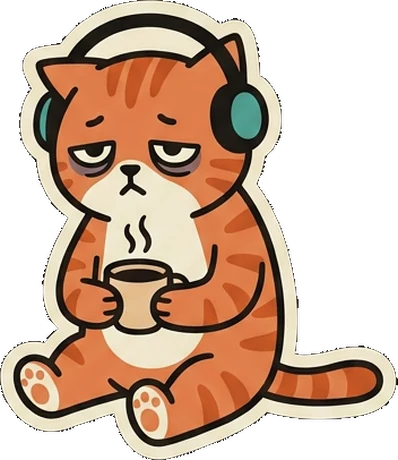 橘貓場記員癱坐在地上，旁邊一杯咖啡，掛著黑眼圈