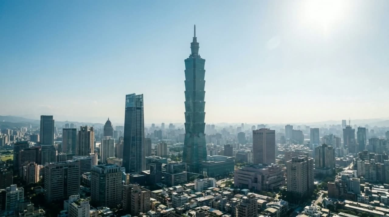 台北 101 空拍，鏡頭逼近高樓玻璃窗