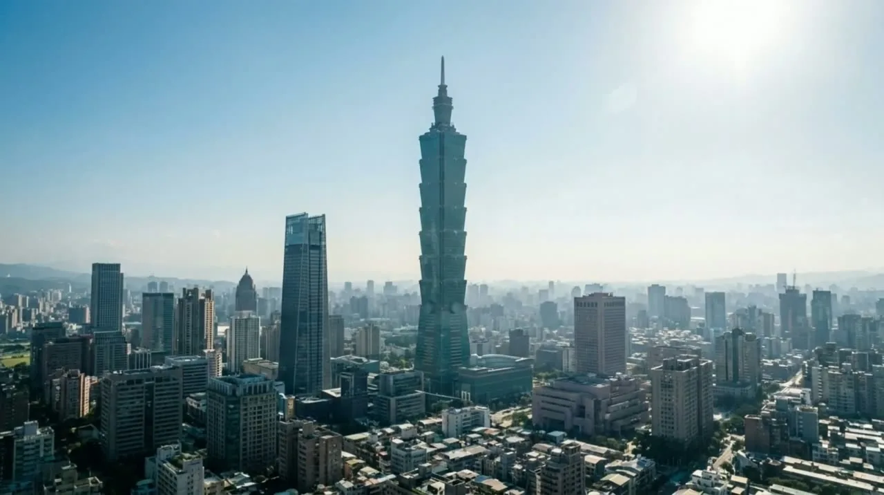 台北 101 空拍畫面，鏡頭正逼近一扇高樓玻璃窗