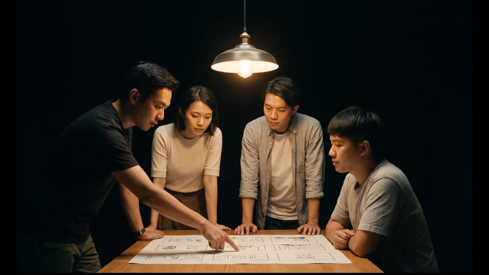 四名台灣影像工作者圍在一盞吊燈下看分鏡圖，其中一人指著其中一格