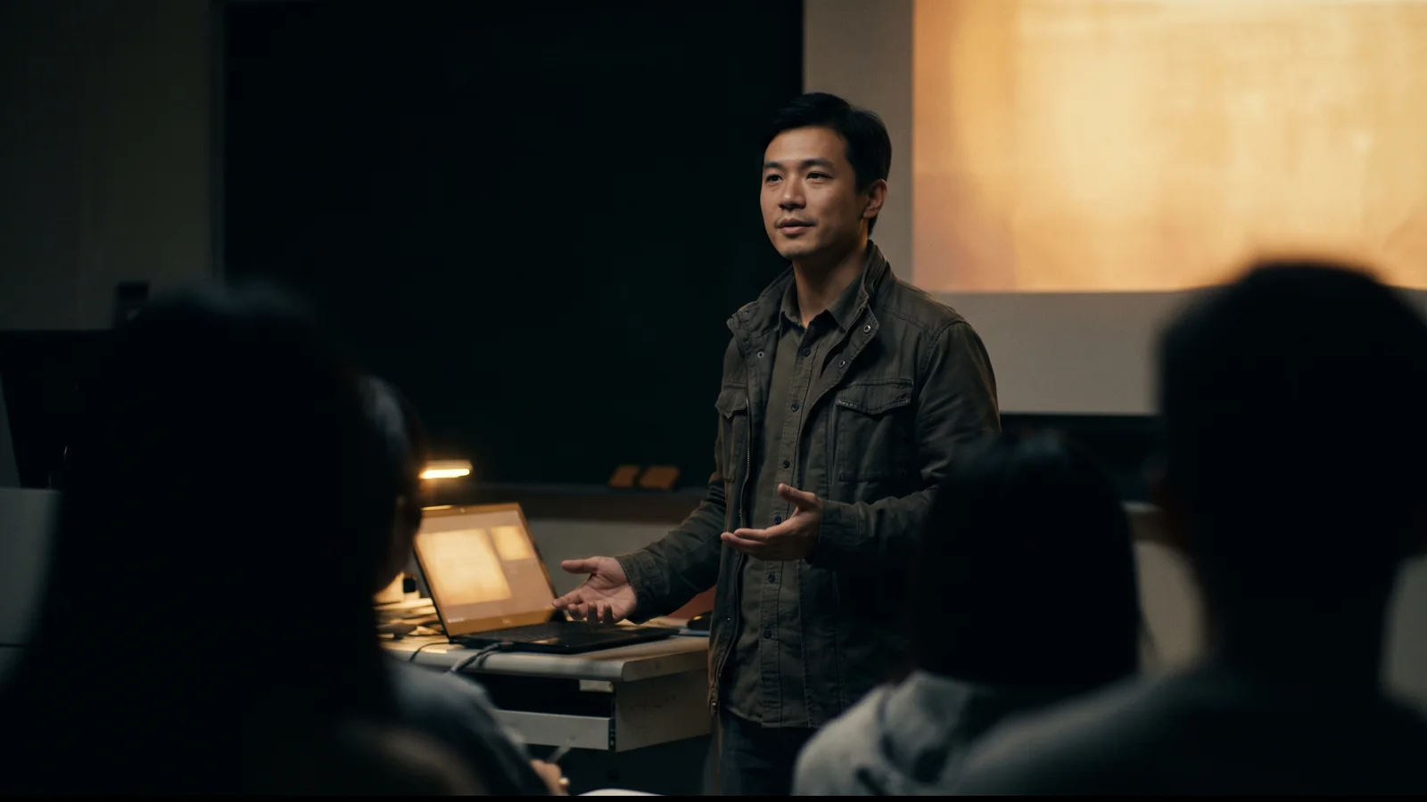 講師在昏暗的教室裡授課，身後螢幕透出暖光，前景是學員的剪影